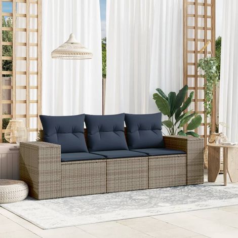 Ensemble de canapé de jardin 3 pièces avec coussins, gris, polyrotin (1/5)