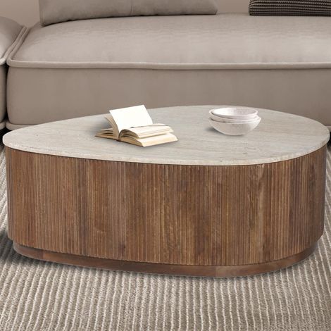 Table basse en bois massif et plateau en travertin NALO (1/5)