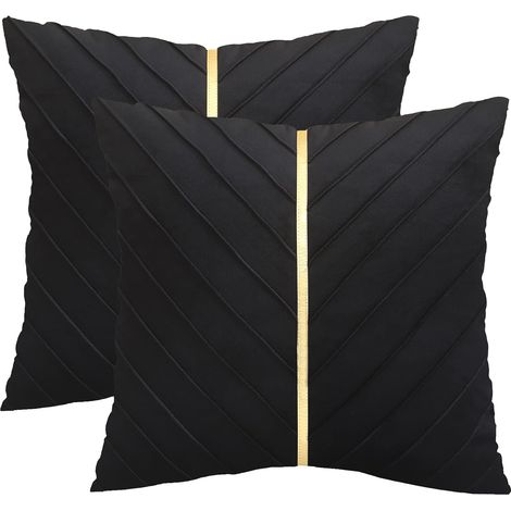 JSSEVN - 45 x 45 CM Cushion Cover Set of 2 Pleated Velvet Pillowcases with Gold Ingot Decoration for Home Living Room Bedroom Black (1/5)