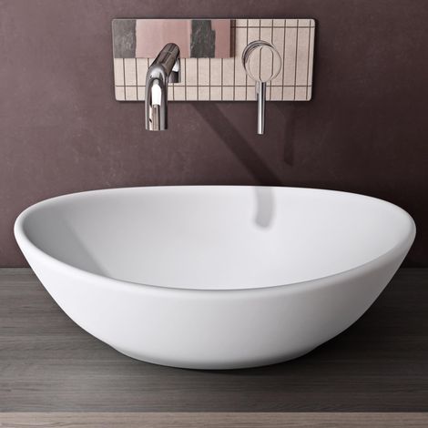 doporro Lavabo da Appoggio Ovale in Ceramica Bianco Opaco 42 cm Lavandino Bagno Moderno con Rivestimento Nano per Bagno e WC Ospiti - Brüssel205 (1/5)