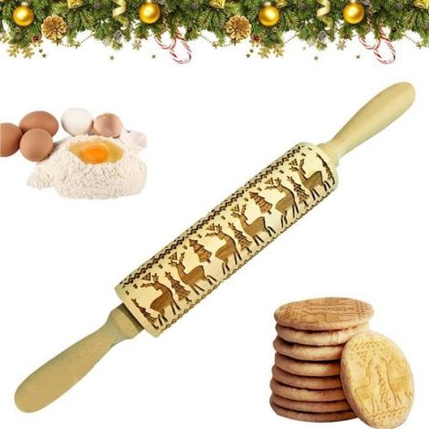 1 Rouleau à biscuits, Bois massif, Motifs Noël, Gravure précise, Décoration pâtisserie, Usage familial (1/4)
