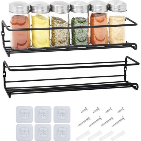 joeji's Kitchen Lot de 2 Etagere a Epices Murale Metal - Porte Epices Herbes Cuisine - Forte 3M Adhesif ou des vis - Facile à installer sans percage - Etagere murale cuisine - Noir