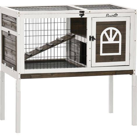 Clapier à lapins cage lapin intérieur, avec bac amovible, 2 portes verrouillables, échelle, 90 x 53 x 87 cm, café