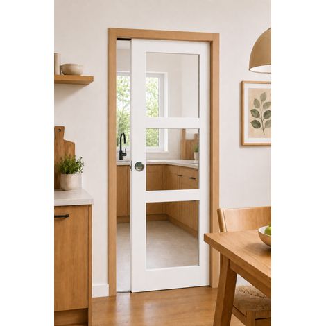 Porte Coulissante Kenya Blanc Vitrage Transparent H204 X L73 Cm, Galandage, Kit Finition (coquille Et Tire Doigt) Gd Menuiseries (1/4)