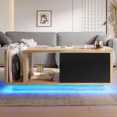 Tavolino da caffè 99.5x53x38cm cassetto con divisori apertura a molla ripiano aperto luce LED Naturale legno e metallo (1/5)