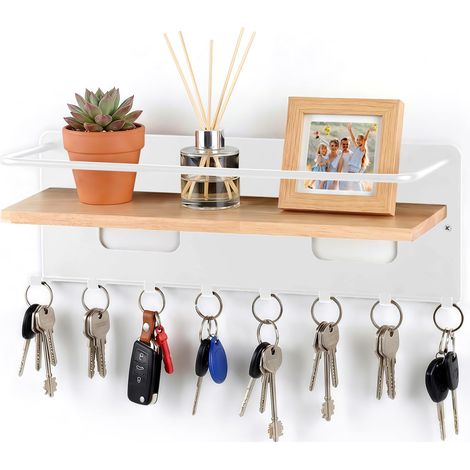 Porte Clef Mural avec 8 Crochets, Porte-clés en Bois avec Étagère, Porte Cle Mural avec Étagère Organiseur pour Entrée, Couloir, Chambre, Salon (Blanc) (1/5)
