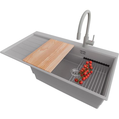PRIMAGRAN Evier Cuisine en Granit 90x50cm,Lavabo 1 bac + Robinet 38x14cm + Kit de Vidage + Accessoires, Évier à Encastrer au meuble 60cm - Sydney, Gris (1/5)