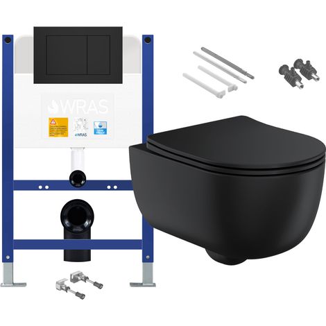 Matt Black Rimless Wall Hung Toilet with Low Height 0.75m Concealed Cistern Frame Set