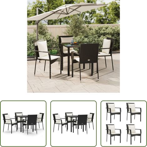 Gartenessgruppe - 5-tlg. Garten-Essgruppe mit Kissen Schwarz Poly Rattan (1/5)