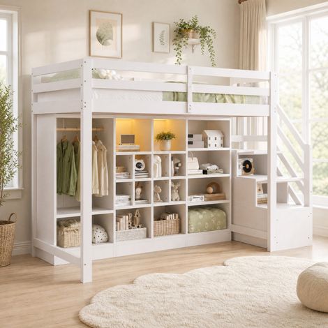 DESMIU Lit mezzanine 1 place avec rangements, penderie et LED reglable 90 × 200 cm, sans matelas, blanc