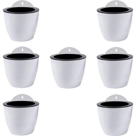 Macetas colgantes con autorriego, juego de 7, decoración de pared, macetas para interior/exterior, plástico blanco, tamaño mediano, 13 cm (1/5)