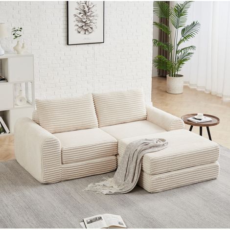 Divano letto modulare 2 in 1 in velluto a coste beige, con 2 cuscini, OKWISH (1/5)