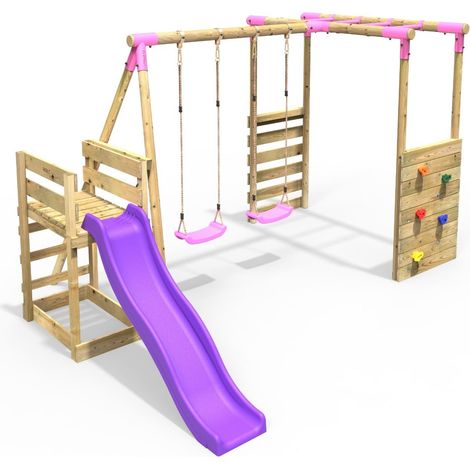 Rebo Wooden Children's Swing Set with Monkey Bars plus Deck & 6ft Slide - Double Swing - Venus Pink (1/5)