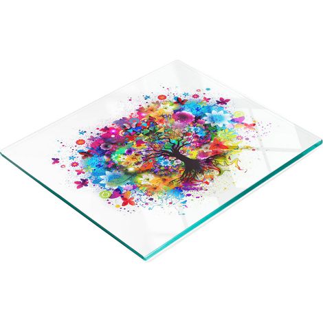 Elegante e resistente tagliere da cucina in vetro con motivo ad albero colorato, 60x52 cm. (1/5)