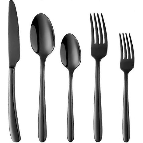 Ensemble de couverts en acier inoxydable (couteau de table, fourchette de table, fourchette à dessert, cuillère de table, cuillère à thé) (noir, 5 pièces) (1/5)
