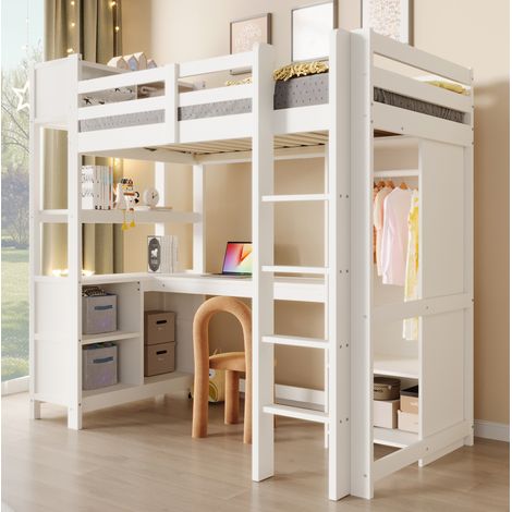 Lit mezzanine 90x200 cm avec bureau, étagères et armoire, bois de pin et MDF, blanc (1/5)
