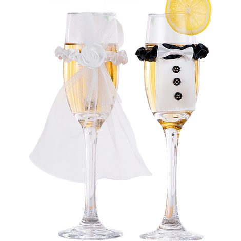 4 Pièces Verre à champagne, Décoration mariage, Ornement dentelle, Fête Nouvel An, Saint-Valentin (1/5)