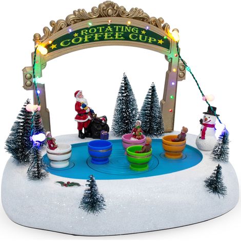 LED Weihnachtsszene Eisbahn mit Kaffee Tassen mit Musik - 27 x 21 cm - Deko Winterstadt Szene beleuchtet Batterie betrieben - Weihnachtsdorf Szene Tischdekoration Weihnachtsdeko