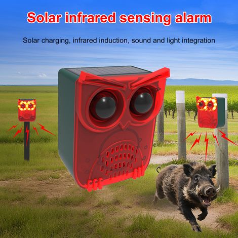 Solarbetriebener Bewegungsmelder mit Lichtalarm (129 dB), blinkendem akustischem Warnsignal, 13 Effekten, IP55-wasserbetriebener Melder für Bauernhof, Hof, Stall, Hühnerstall. (1/5)