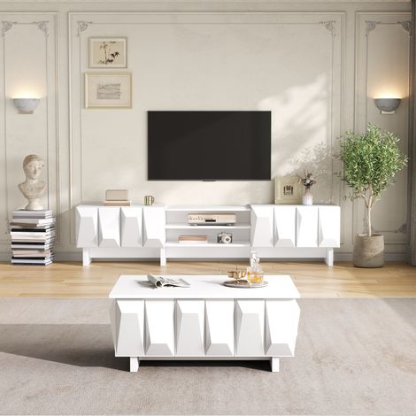 Wohnzimmer set tv lowboard und couchtisch - 180x34x44,5cm und 95x67x39,5cm - fernsehtisch kaffeetisch aus holz mit rautenrelief - weiß (1/5)