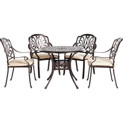 Set da Giardino Stile Vintage Alluminio Marrone Scuro Tavolo Rotondo e 4 Sedie Ancona (1/5)