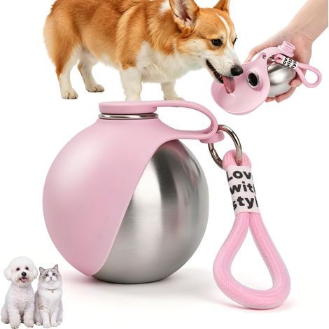 Botella de agua para perros para caminar, botella de agua para perros de acero inoxidable de 285 ml, botella de agua a prueba de fugas con recipiente de silicona plegable, botella de agua portátil par (1/5)