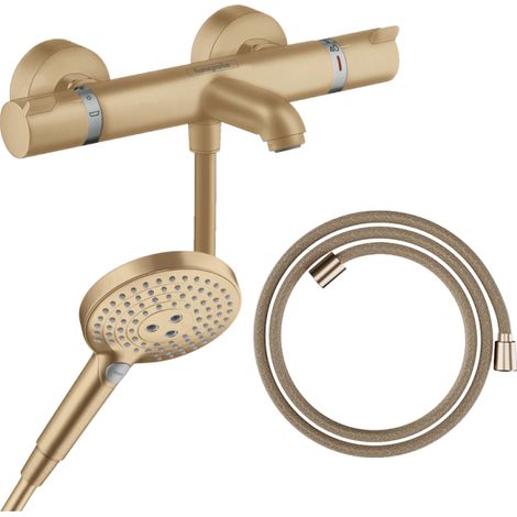 Pack mitigeur bain douche thermostatique HANSGROHE Ecostat Comfort + Flexible Designflex + Pommeau Raindance Select 3jets bronze