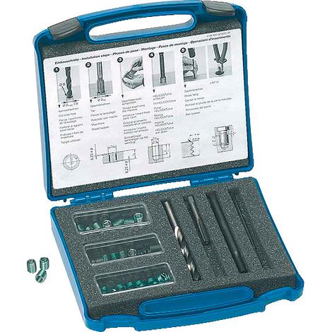 Coffret de réparation M6 pas 1 avec 60 filets longueur 6 à 12mm. 1 foret. 1 taraud manuel. 1 broche de pose. 1 rupteur - BOLLHOFF OTALU SA