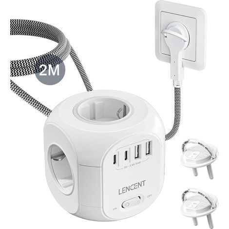 Rallonge Multiprise 4 Sortie AC avec 2 USB A et 2 Type C 2500W Prise Multiple avec Interrupteur Rallonge Electrique 2 Mètres, Convient pour Maison, Bureau, Fiche Plate, Tressé Câble, Blanc (1/5)