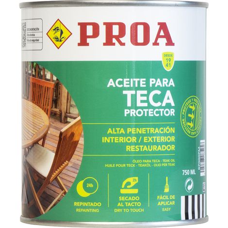 Aceite para Teca. PROA. Protección y nutrición para la madera. Renueva tus muebles de jardín. Color teca. 0.750 ML