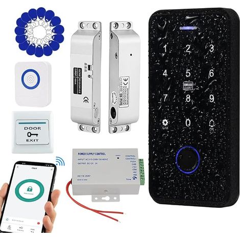 Waterproof Access Control Kit, RFID Touch Keyboard, NC Electric Lock, Power, Switch Button, Wired Doorbell, Key Ring 13.56 MHz (1/5)