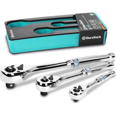 Clé à cliquet DURATECH 3 pièces (12,7 cm, 90 dents) à dégagement rapide, réversible, en acier Cr-V entièrement poli, 90 dents, 12,7 cm de diamètre (1/4 pouce). (1/5)
