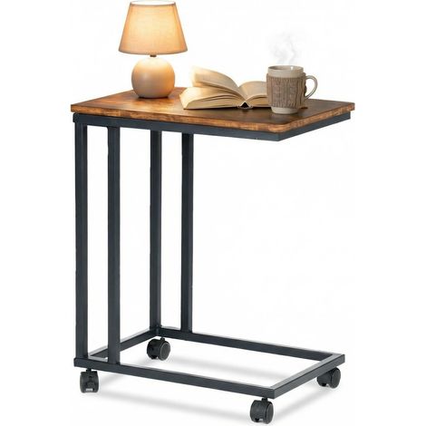 FurnitureR Mobile C-Shape End Side Table with Wheels, Industrial Wood Top, Metal Frame, Brown