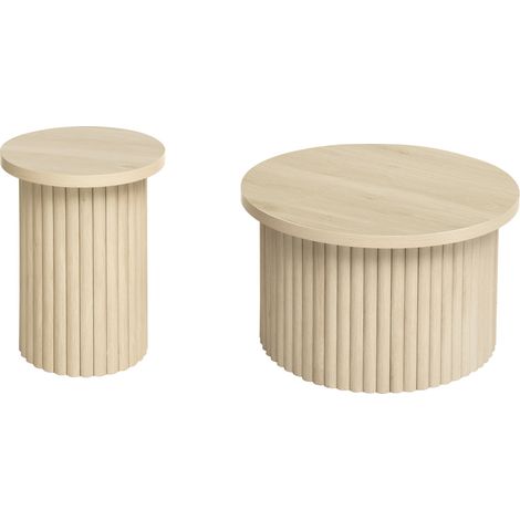 Set de 2 tables basses rondes en MDF avec structure ondulée et finition bois naturel (1/5)