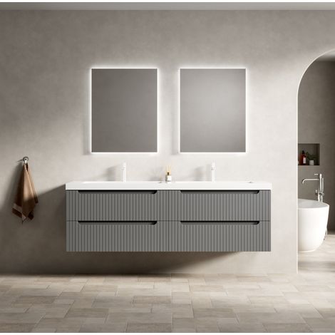 Mobile lavabo sospeso, doppio lavabo integrato, cassetti soft close, resina, grigio scuro (1/5)