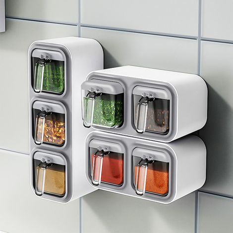 Selbstklebendes Gewürzbehälter-Set zur Wandmontage, Kunststoff, weiß, Küche, Wandmontage, 3 Fächer, 32 x 11 x 11 cm (1/5)