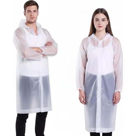 Zwei wasserdichte, transparente Regenmäntel, atmungsaktiv und tragbar, mit Kapuzen mit Kordelzug, unisex. (1/4)