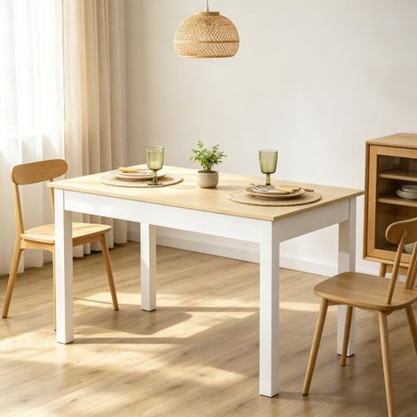 Mesa de comedor rectangular (119x70x75 cm), para 4 a 6 personas, con patas antideslizantes, aglomerado, roble y blanco (1/5)