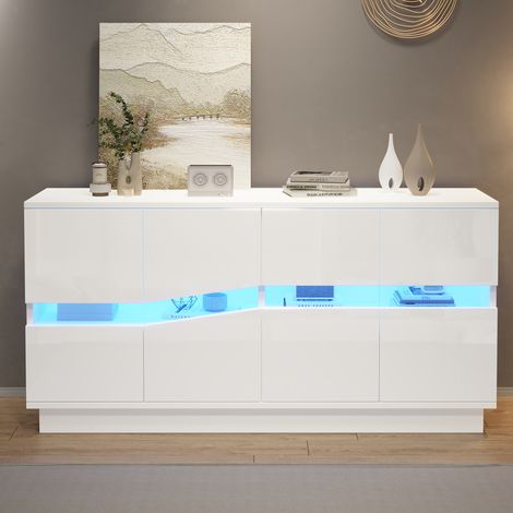 Buffet bas blanc brillant 140 x 35 x 70 cm avec LED, 4 portes à pression, vaisselier, pour cuisine, salle à manger et salon. (1/5)