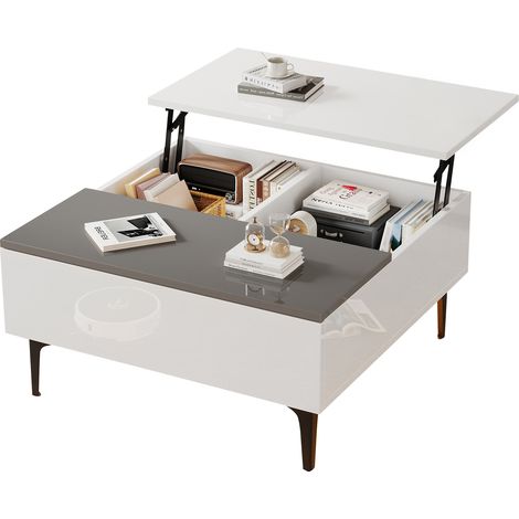 Table basse 70 x 70 x 35 cm relevable avec rangement caché et étagères, table haute brillance avec LED et tiroirs,Blanc