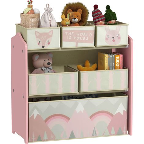 Aufbewahrungsmöbel für Kinder mit 6 herausnehmbaren Boxen aus Vliesstoff, Spielzeugregal 63x30x66 cm, Aufbewahrungseinheit für Kinderzimmer, leichtes und praktisches Bücherregal.