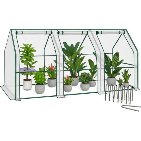 Mini Serre de Jardin à Toit Pointu avec 3 fenêtres avec Zip enroulables Bâche PE renforcée 135g/m2 pour semis Plantes Fleurs légumes 270x90x90cm Blanc (1/5)