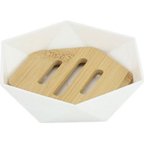 TRADE SHOP - Piattino Porta Sapone Saponetta Forma Esagonale Geometrico Bianco Legno Da Bagno 10838 - (1/5)