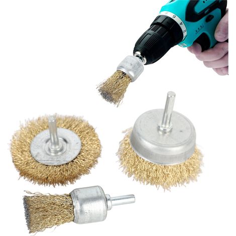 Set mit 3 Bürstenköpfen für elektrische Bohrmaschinen und Winkelschleifer: stiftförmige und becherförmige Metallbürste. (1/5)