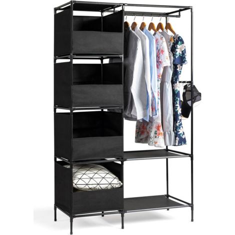 Armoire penderie suspendue 4 niveaux 105x45x170cm noir, dressing tissu avec rideau et rangements