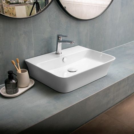 Lavabo bagno da appoggio design rettangolare 56 cm ceramica bianca  KL-5800 kamalu