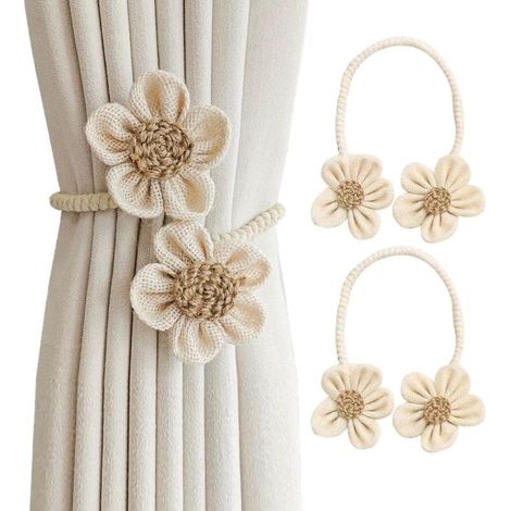 2er-Set Raffhalter für Gardinen, 360° drehbar, Blumenmuster, Baumwolle und Eisen, verstellbar ohne Bohren, Heimdekoration (1/5)