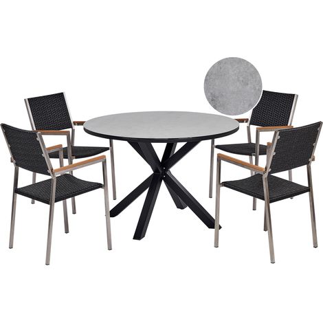 Conjunto de jardín 4 plazas de aluminio tablero de vidrio cerámico sillas de ratán sintético estructura de acero inoxidable gris y negro Maletto/Grosseto (1/5)