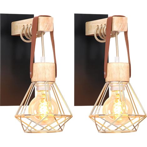 Set mit 2 industriellen Wandleuchten – 2 Stück – Retro-Stil, Eisen und Holz – Höhenverstellbar mit Lederbezug – Wohnzimmer, Schlafzimmer, Küche – (1/5)