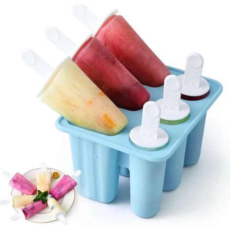 Stampi per ghiaccioli in silicone - Stampo a 6 cavità con bastoncini, 2 forme, riutilizzabile, senza BPA, per bambini e adulti, stampo per ghiaccioli fai da te (blu) (1/5)